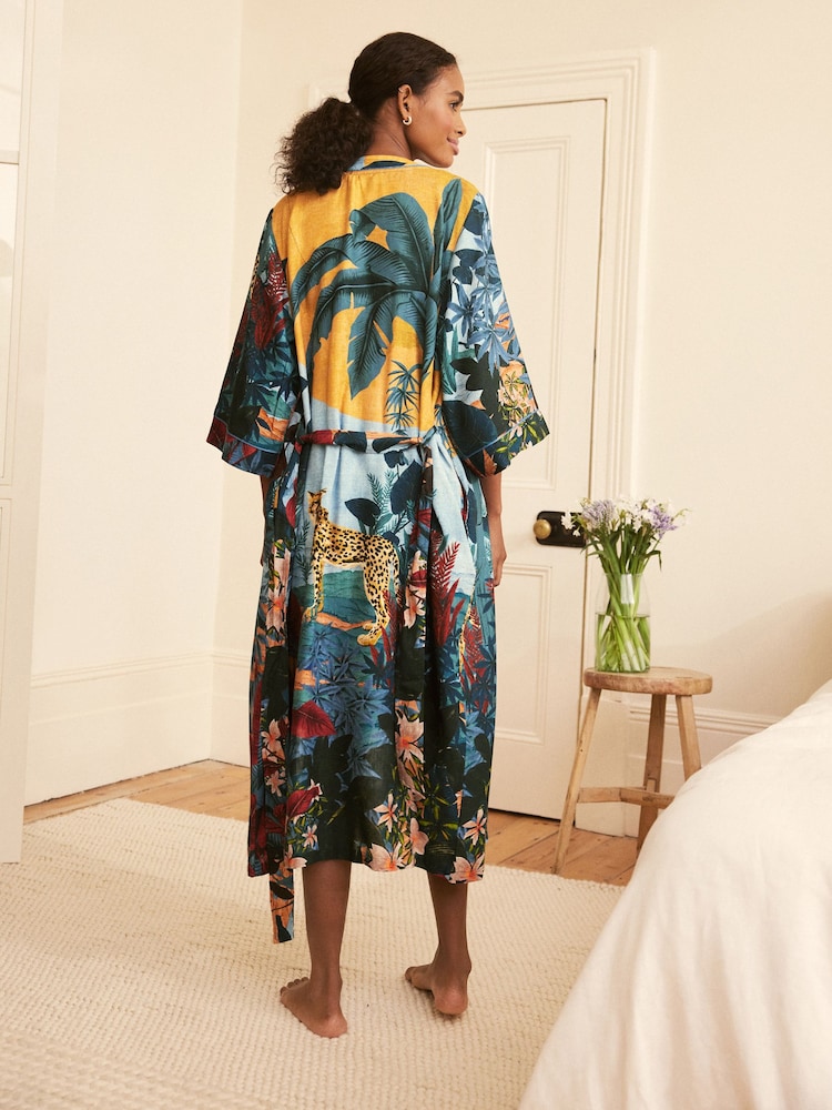 Orange Jungle Print Linen Blend Robe - Image 3 of 8