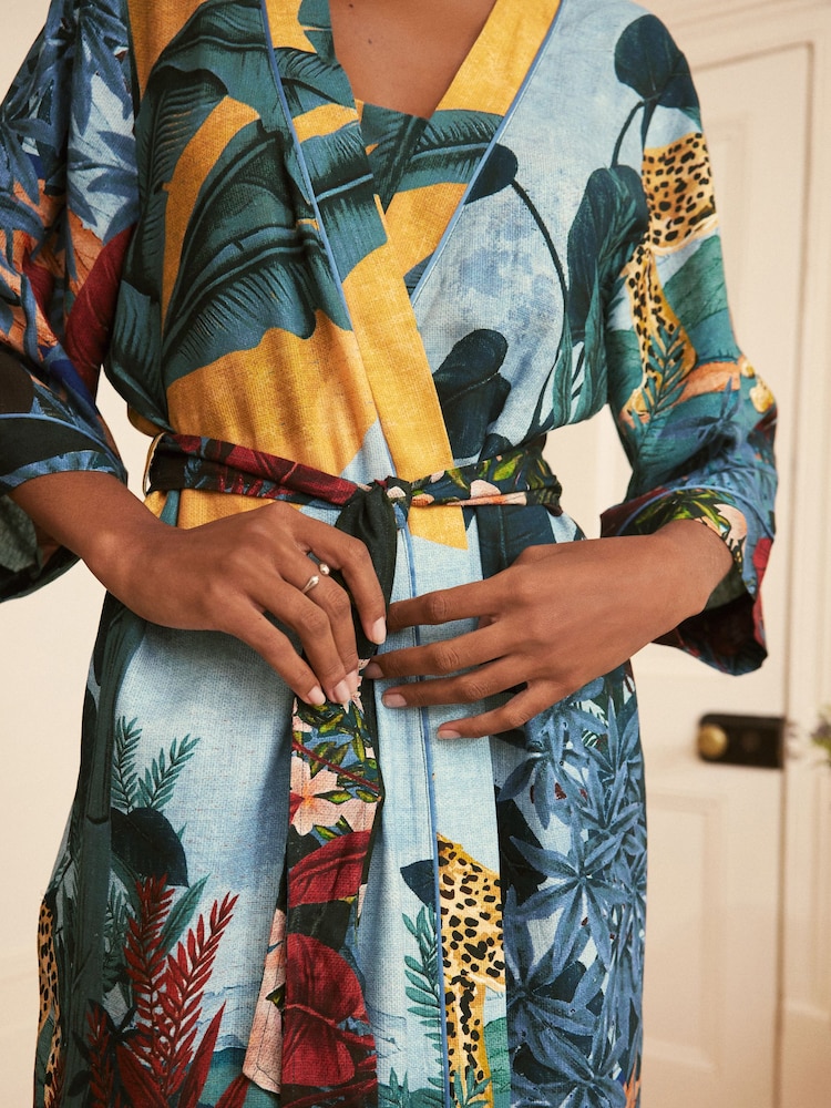 Orange Jungle Print Linen Blend Robe - Image 4 of 8