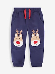 JoJo Maman Bébé Navy Blue Reindeer Reindeer Appliqué Knee Joggers - Image 1 of 3