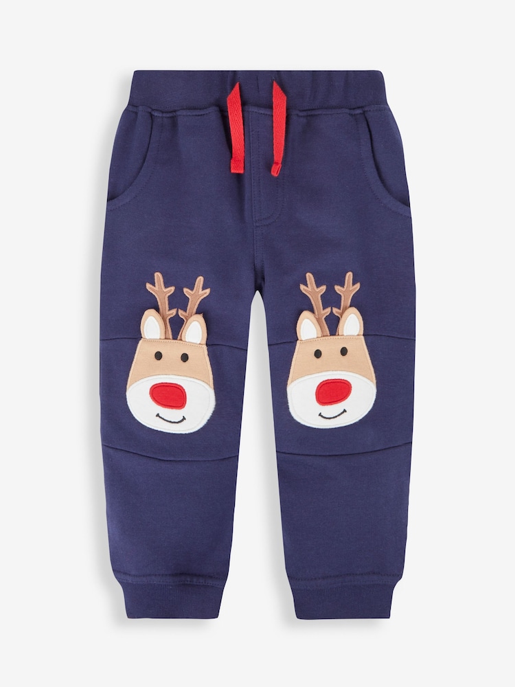 JoJo Maman Bébé Navy Blue Reindeer Reindeer Appliqué Knee Joggers - Image 1 of 3