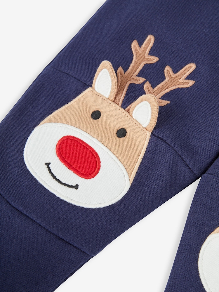 JoJo Maman Bébé Navy Blue Reindeer Reindeer Appliqué Knee Joggers - Image 2 of 3