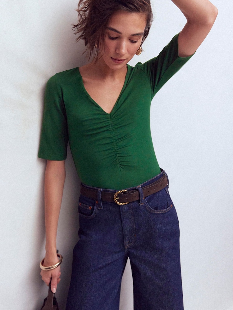 Boden Green Tia Ruched V-Neck Top - Image 1 of 6