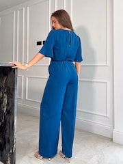 Girl In Mind Blue Petite Viola Wrap Tie Detail Wide Leg Jumpsuit - Image 2 of 4