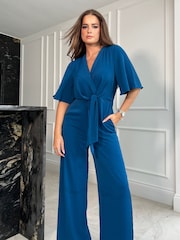 Girl In Mind Blue Petite Viola Wrap Tie Detail Wide Leg Jumpsuit - Image 4 of 4