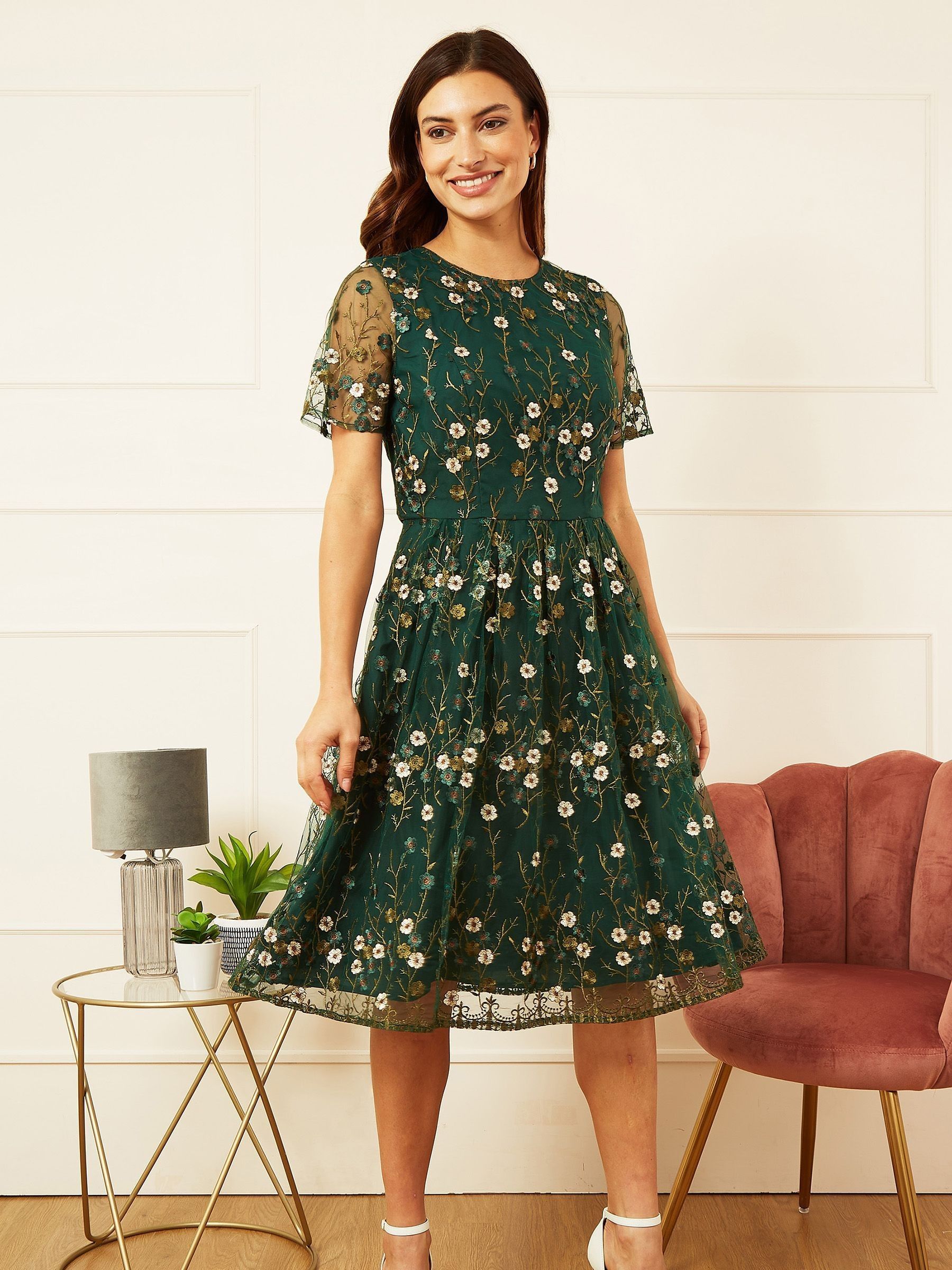 Yumi Green Embroidered Floral Skater Dress