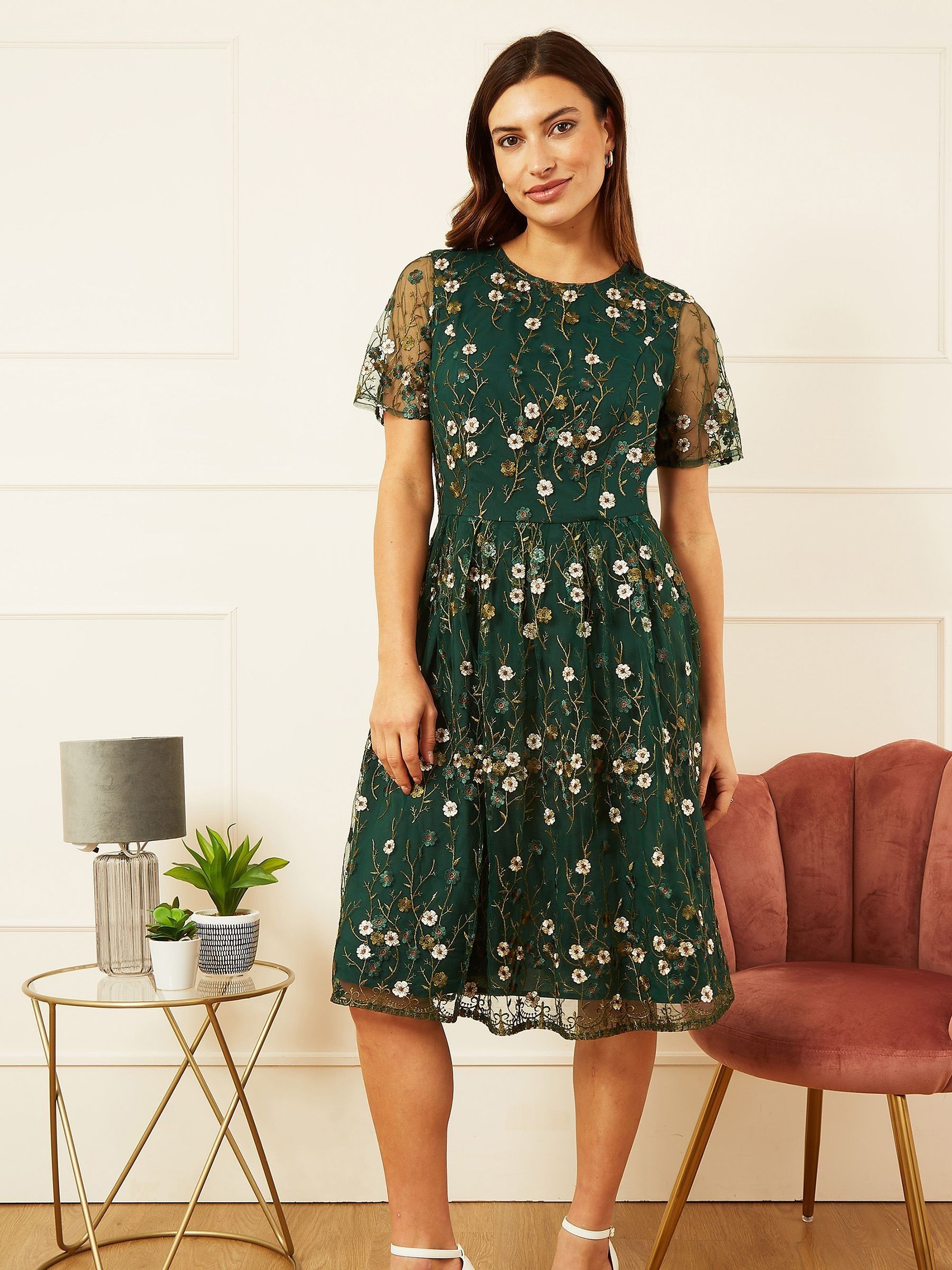 Buy Yumi Green Embroidered Floral Skater Dress from Next USA