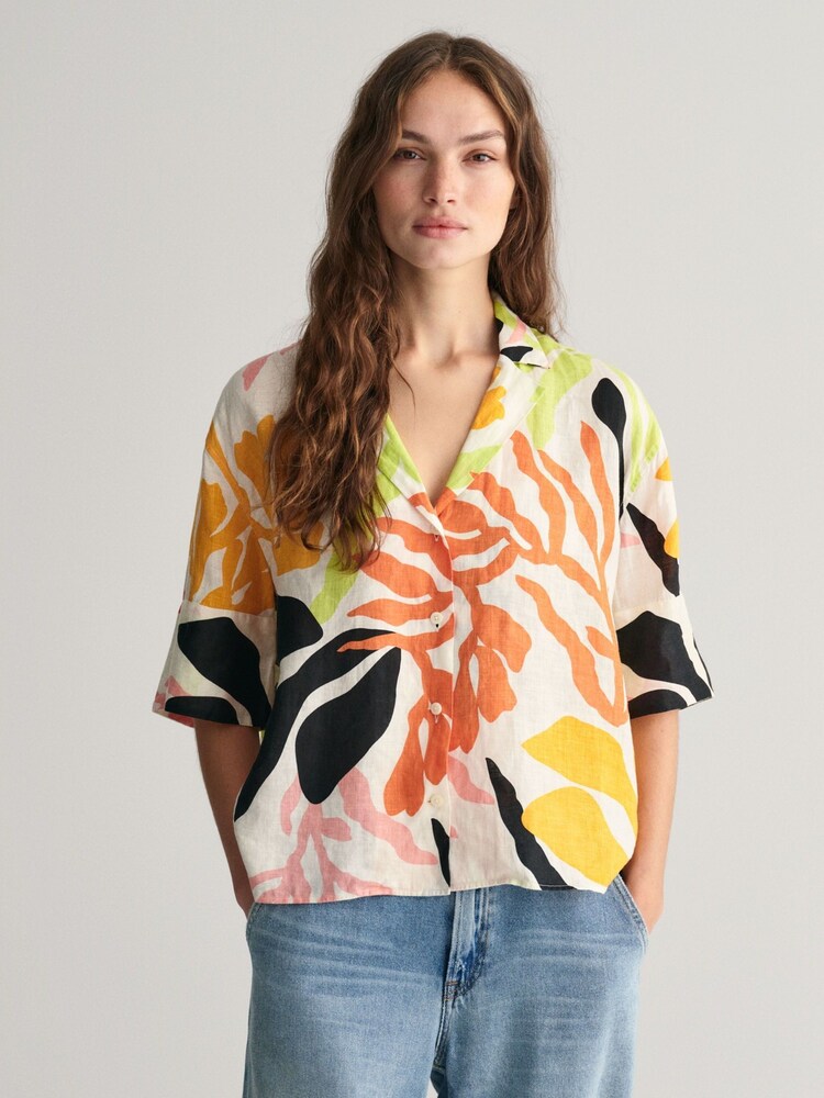 GANT Yellow Relaxed Fit Palm Print 100% Linen Short Sleeve Shirt - Image 1 of 1