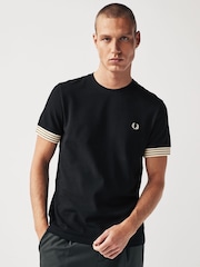 Fred Perry 100% Cotton Striped Cuff Black T-Shirt - Image 1 of 7