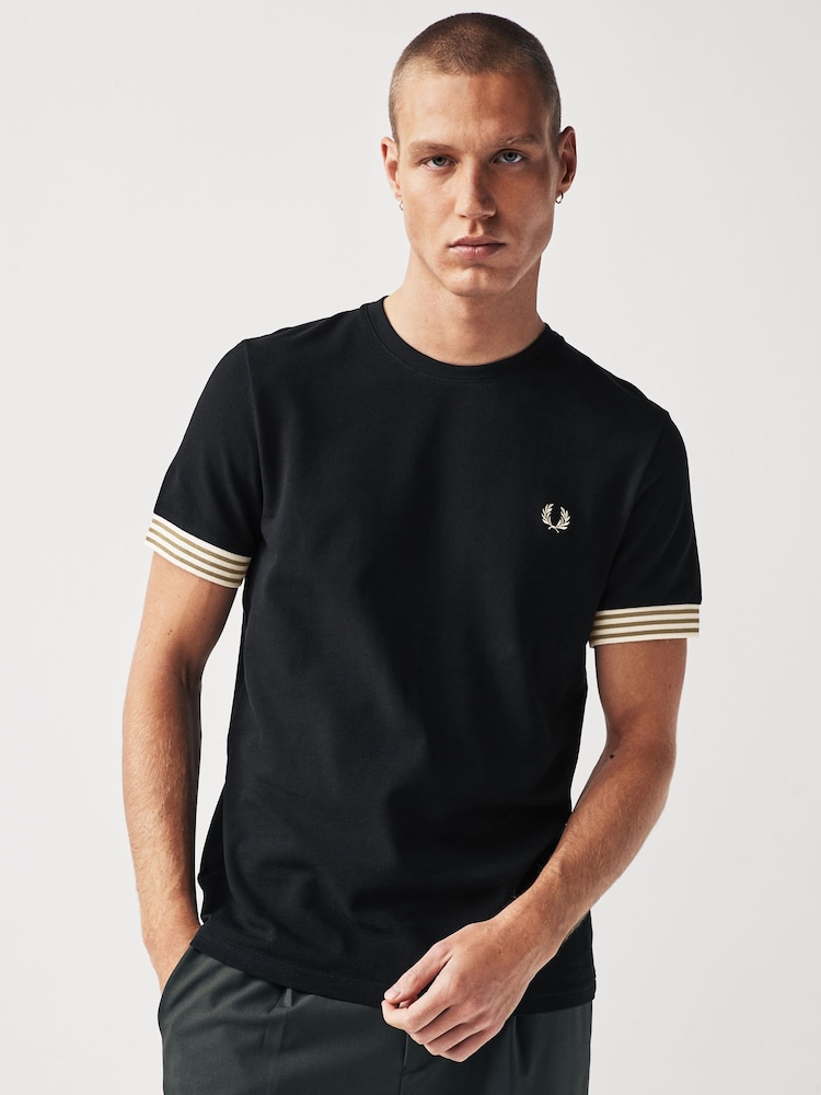 Fred Perry 100% Cotton Striped Cuff Black T-Shirt - Image 1 of 7