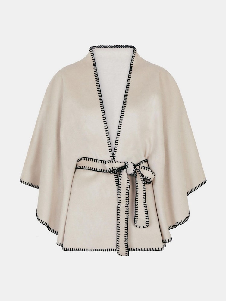 Accessorize Cream Contrast Trim Belted Poncho - Image 4 of 4