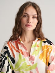 GANT Yellow Palm Print 100% Linen Short Sleeve Kaftan Dress - Image 3 of 6