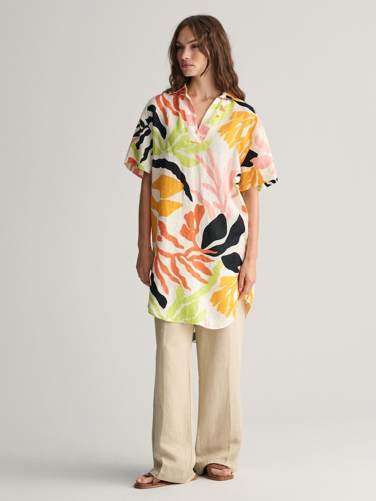 GANT Yellow Palm Print 100% Linen Short Sleeve Kaftan Dress - Image 5 of 6