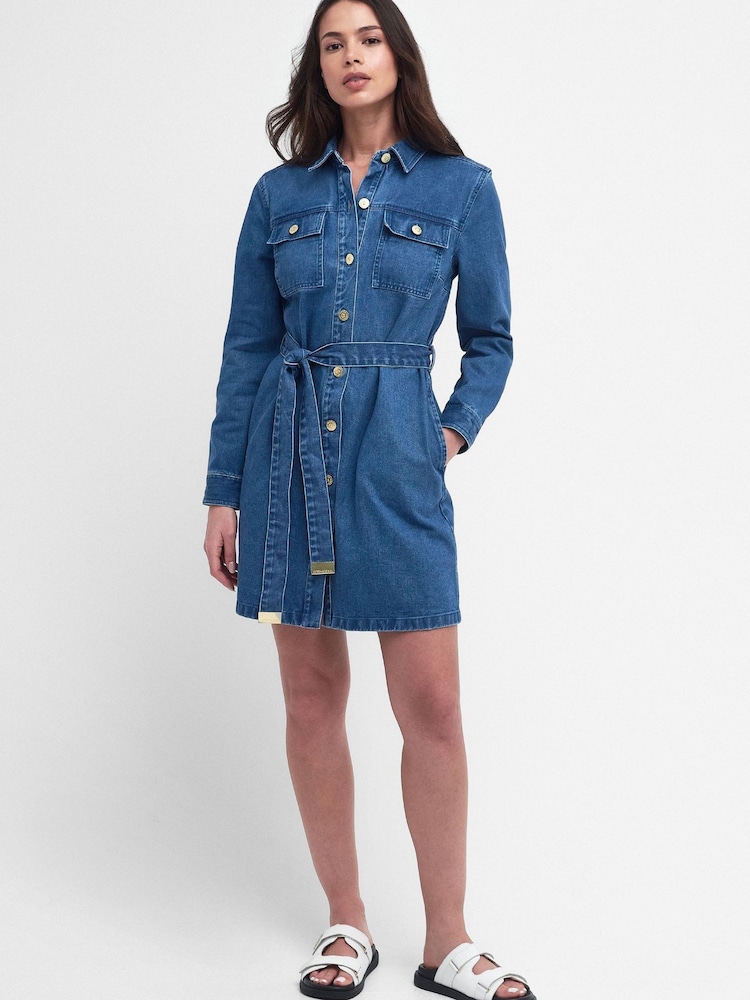 Barbour® International Blue Mid Wash Rouse Denim Dress - Image 1 of 6 Barbour® International Blue Mid Wash Rouse Denim Dress - Image 1 of 6