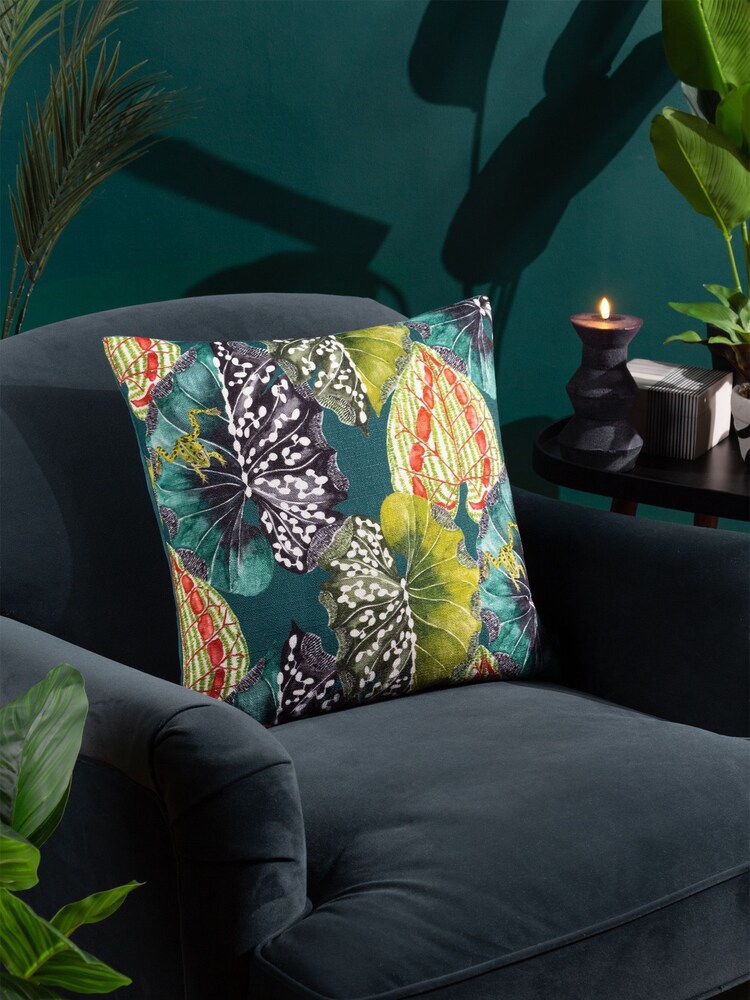 Wylder Tropics Blue Ebon Wilds Ekua Velvet Piped Cushion - Image 1 of 6 Wylder Tropics Blue Ebon Wilds Ekua Velvet Piped Cushion - Image 1 of 6