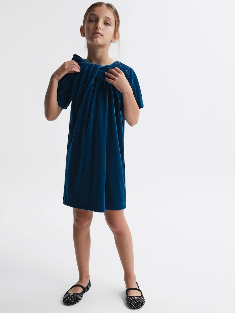 Reiss Teal Frankie 4-9 yrs Velvet Bow Dress - Image 1 of 5 Reiss Teal Frankie 4-9 yrs Velvet Bow Dress - Image 1 of 5