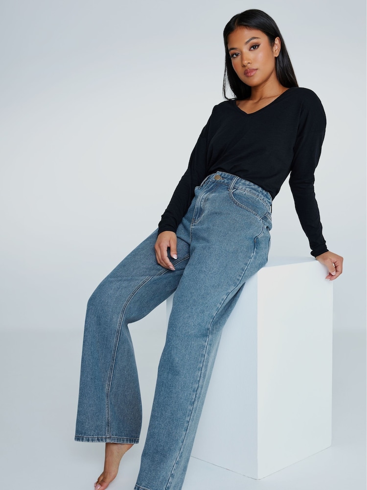 PixieGirl Petite Blue 100% Cotton Mid Blue Wide Leg Jeans - Image 2 of 6