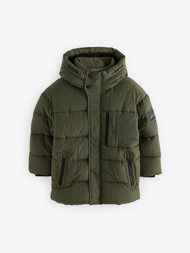 Khaki Green Utility Fleece Lined Hooded Padded Puffer Coat (3-16yrs) - Image 1 of 7