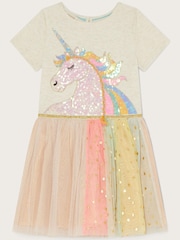 Monsoon Natural Disco Unicorn Rainbow Short Sleeve Dress - Image 1 of 3