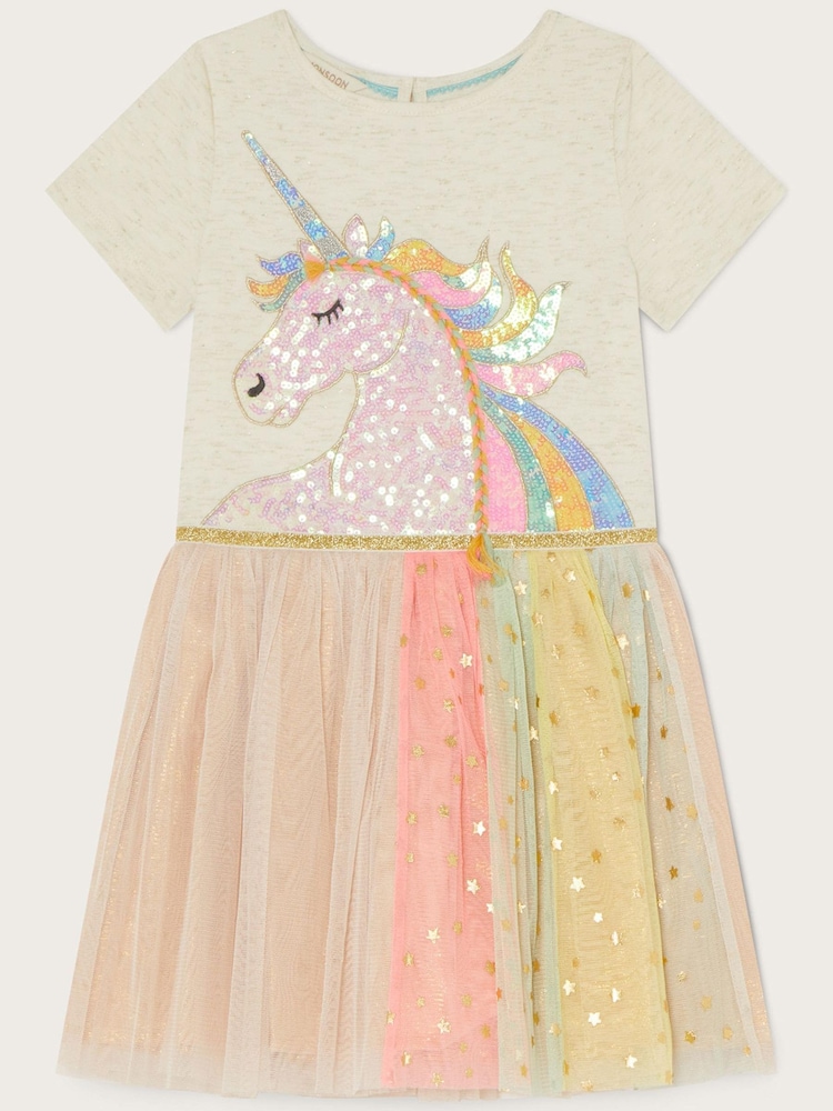 Monsoon Disco Rainbow Kurzärmeliges Kleid mit Einhorn-Motiv, Natur - Bild 1 von 3 Monsoon Disco Rainbow Kurzärmeliges Kleid mit Einhorn-Motiv, Natur - Bild 1 von 3