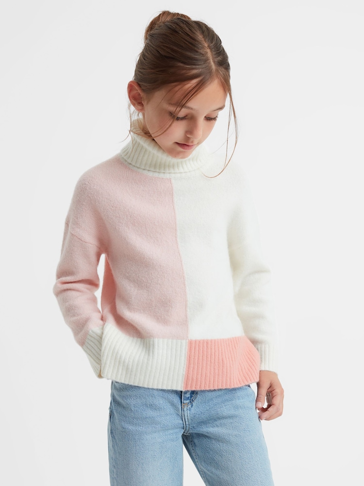 Reiss Ivory Gio 4-9 yrs Knitted Colourblock Roll Neck Jumper - Image 1 of 6