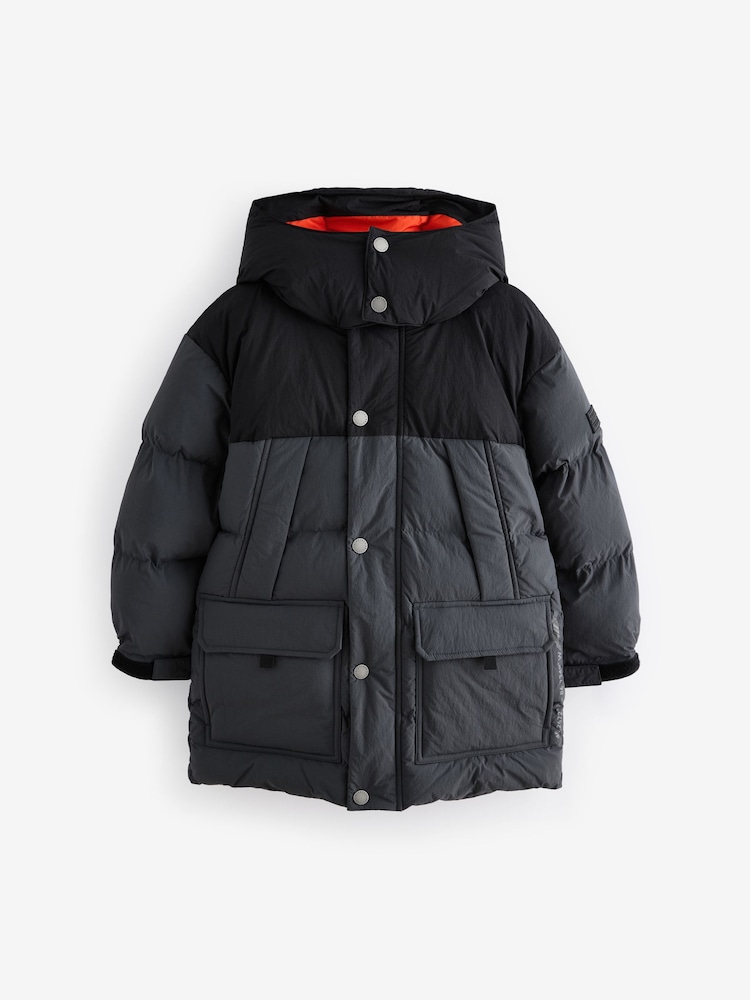 Black/Grey Premium Padded Hooded Puffer Coat (3-17yrs) - Image 1 of 10