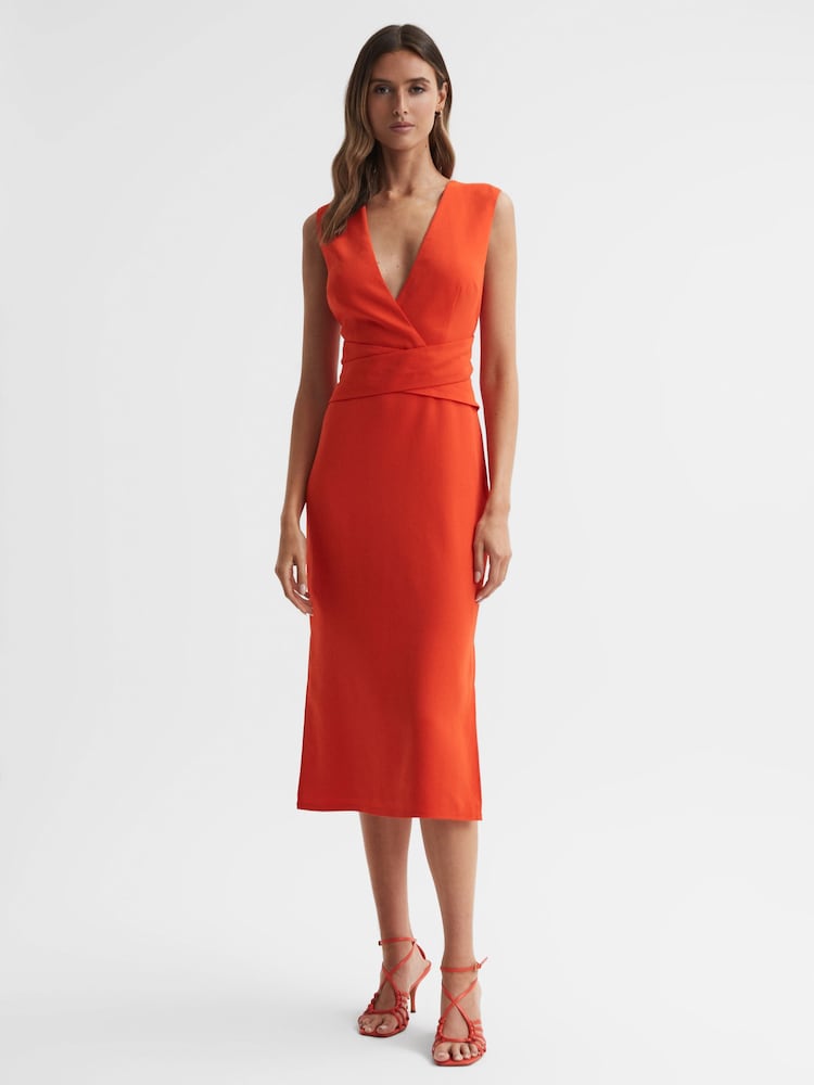 Reiss Orange Jayla Fitted Wrap Design Midi Dress - Image 1 of 4