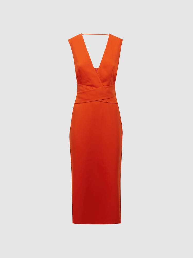 Reiss Orange Jayla Fitted Wrap Design Midi Dress - Image 2 of 4
