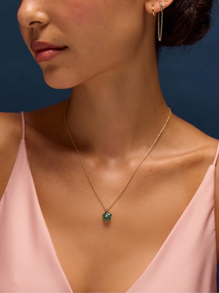 Accessorize Gold 14ct Plated Green Quartz Flower Pendant Necklace - Image 2 of 2