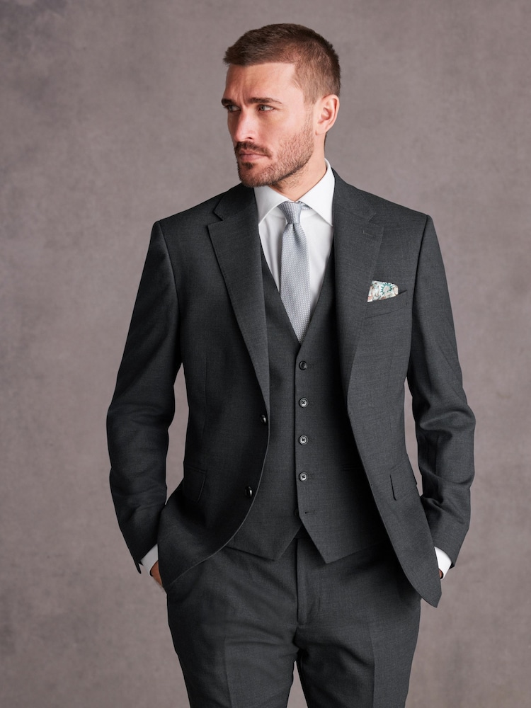 Charcoal Grey Slim Fit Signature Tollegno Italian Wool Textured Suit Jacket - Image 1 of 12