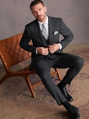 Charcoal Grey Slim Fit Signature Tollegno Italian Wool Textured Suit Jacket - Image 2 of 12
