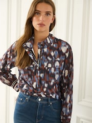 Navy Blue Leopard Print Zip Front Utility Pocket Blouse - Image 1 of 5
