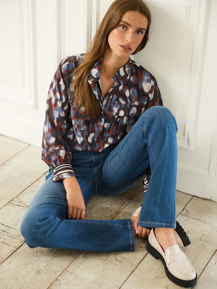 Navy Blue Leopard Print Zip Front Utility Pocket Blouse - Image 2 of 5