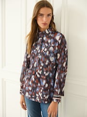 Navy Blue Leopard Print Zip Front Utility Pocket Blouse - Image 3 of 5