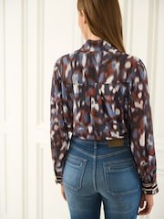 Navy Blue Leopard Print Zip Front Utility Pocket Blouse - Image 4 of 5