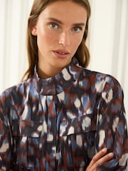 Navy Blue Leopard Print Zip Front Utility Pocket Blouse - Image 5 of 5