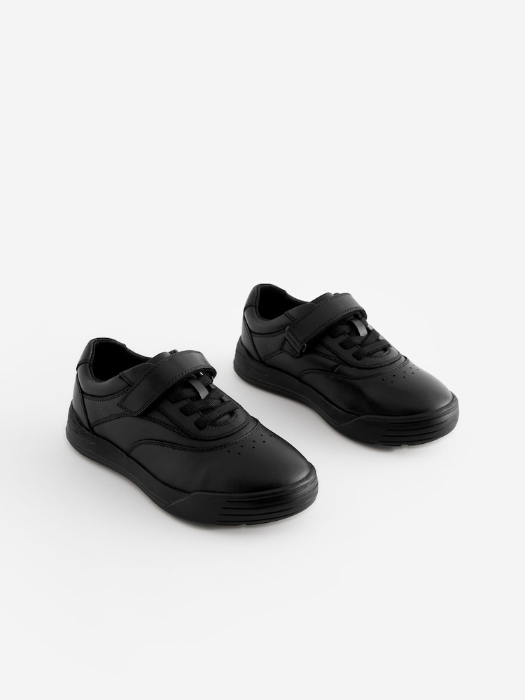 Black School Leather Elastic Lace Shoes - Image 1 of 5