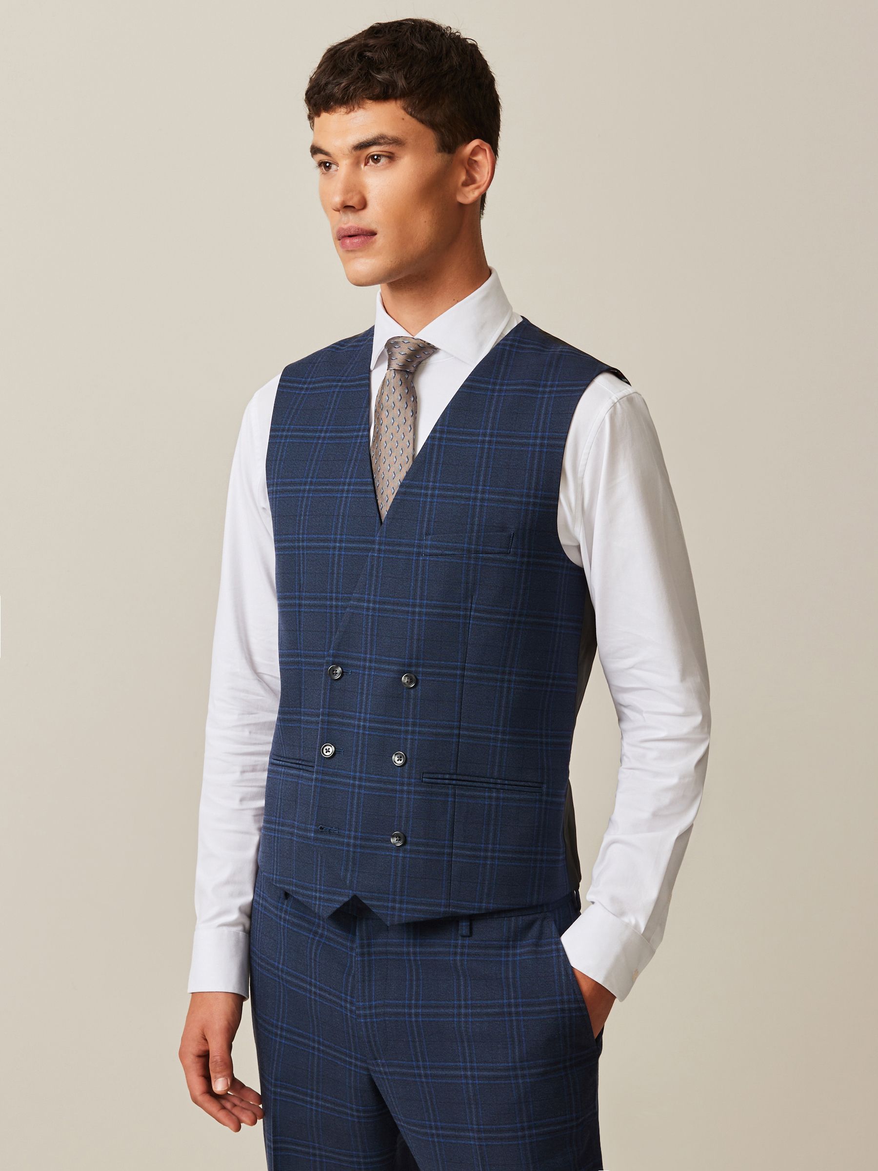 Navy Blue Bold Check Suit Waistcoat