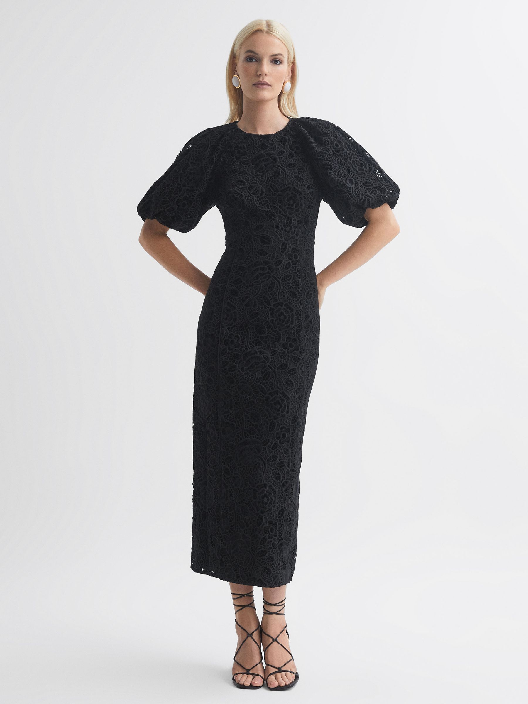 Buy Florere Velvet Lace Puff Sleeve Midi Dress from Next Luxembourg