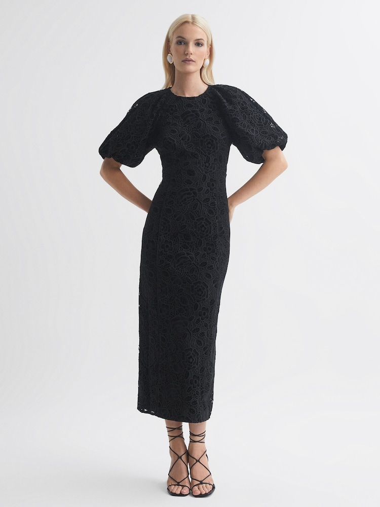 Florere Velvet Lace Puff Sleeve Midi Dress - Image 1 of 6