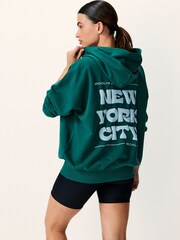 Dark Green Oversized Relaxed Fit Back Graphic Slogan Longline Hoodie - Image 1 of 1