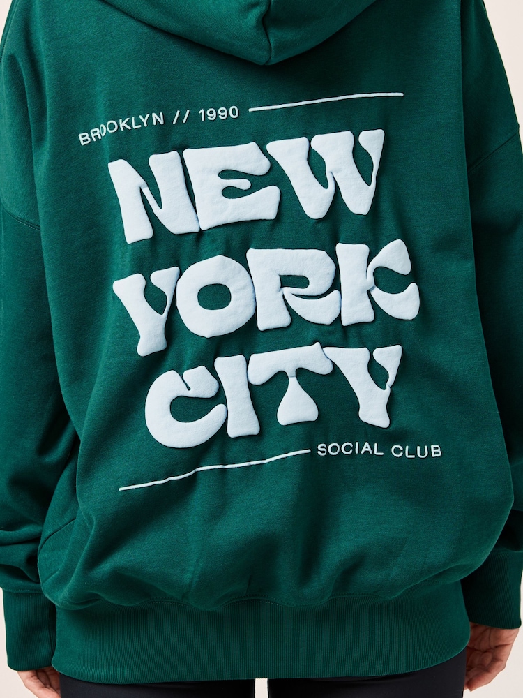 Dark Green Oversized Relaxed Fit Back Graphic Slogan Longline Hoodie - Image 5 of 5