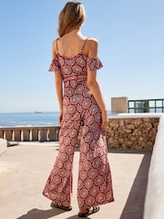 Red Woodblock Frill Cold Shoulder Jumpsuit - Image 3 of 7