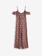 Red Woodblock Frill Cold Shoulder Jumpsuit - Image 6 of 7