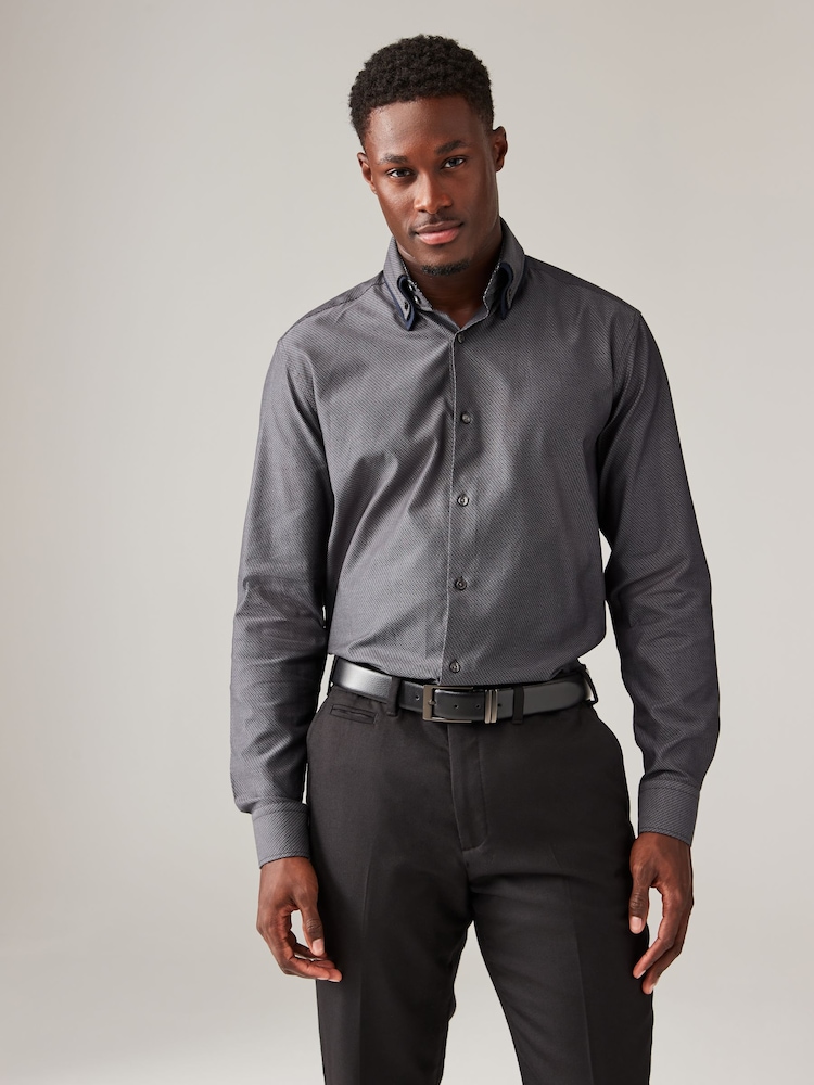 Grey Double Collar Regular Fit Trimmed Formal 100% Cotton Oxford Shirt - Image 1 of 9