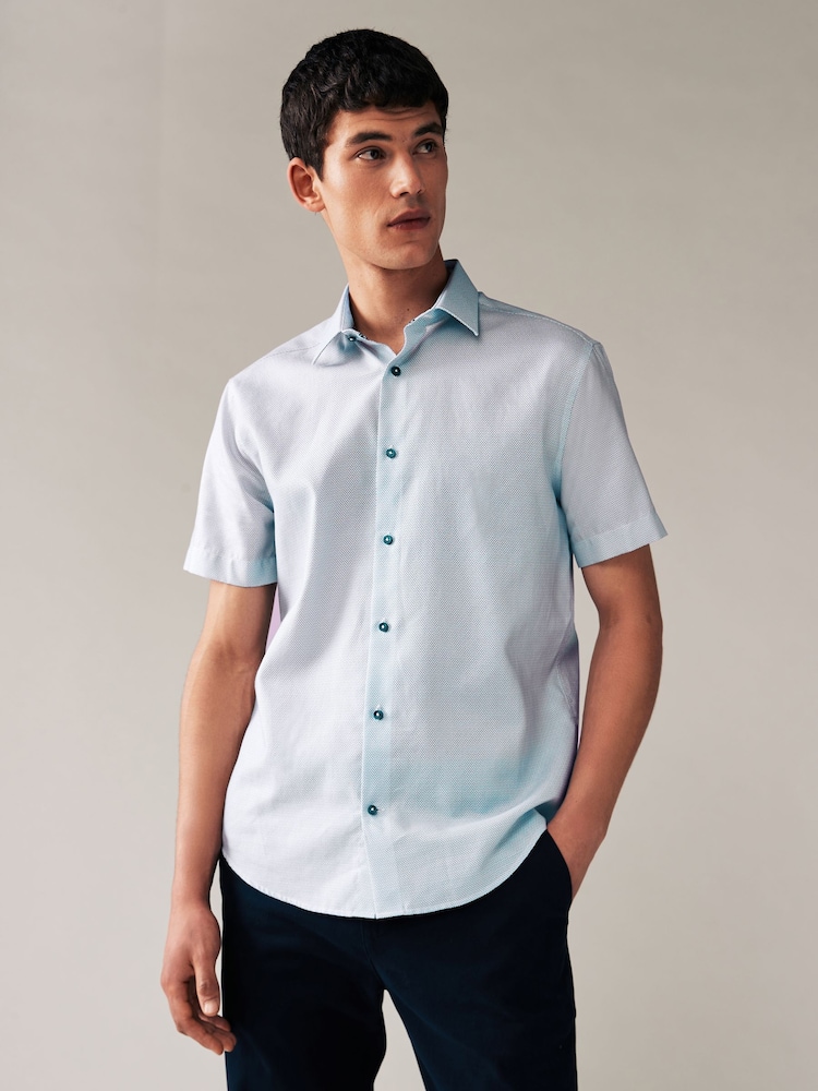 White/Blue Geometric Regular Fit 100% Cotton Printed Short Sleeve Shirt - Image 2 of 8