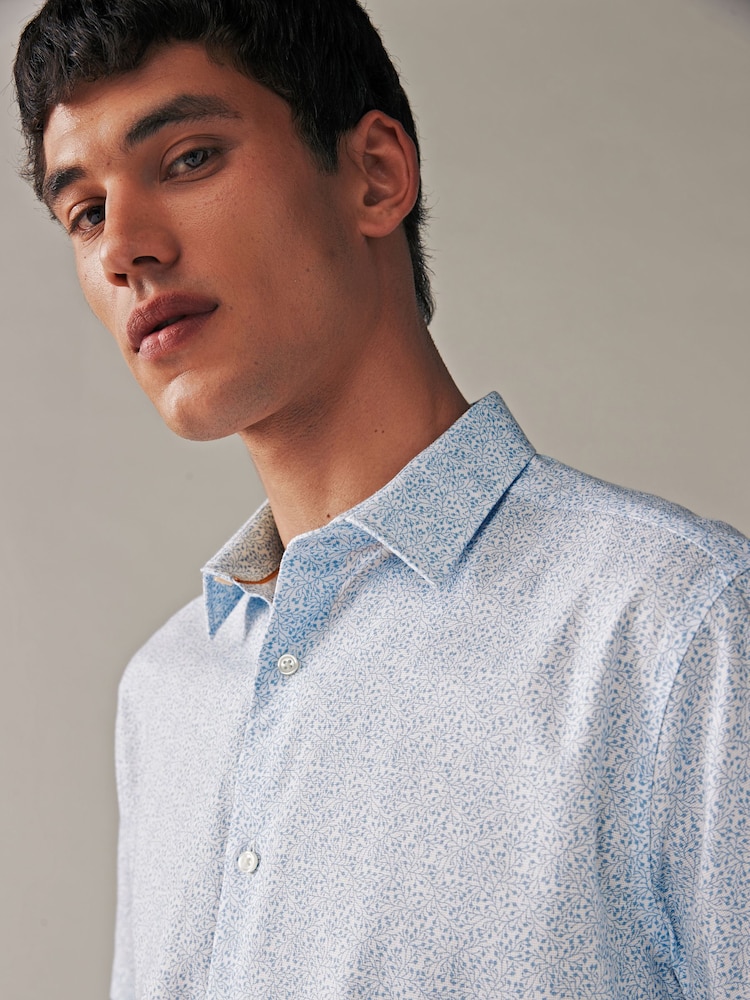 White/Light Blue Floral Textured Short Sleeve Shirt - Image 1 of 7
