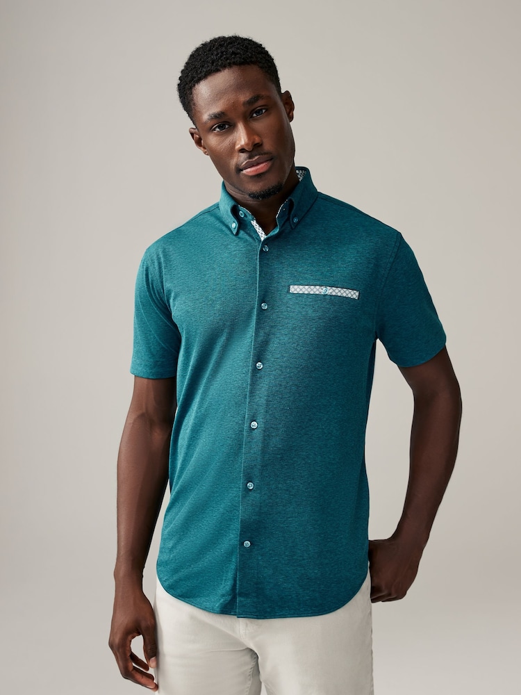 Teal Blue Trimmed Short Sleeve Jersey Shirt - Image 1 of 6 Teal Blue Trimmed Short Sleeve Jersey Shirt - Image 1 of 6