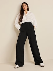 Black Smart Belted Wide Leg Cargo Trousers - Image 2 of 6