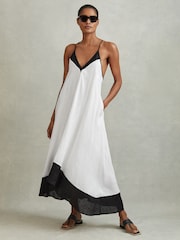 Reiss Navy/White Stevie Linen Colourblock Cross-Back Midi Dress - Image 1 of 5