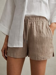 Reiss Mink Neutral Cleo Linen Garment Dyed Drawstring Shorts - Image 1 of 6